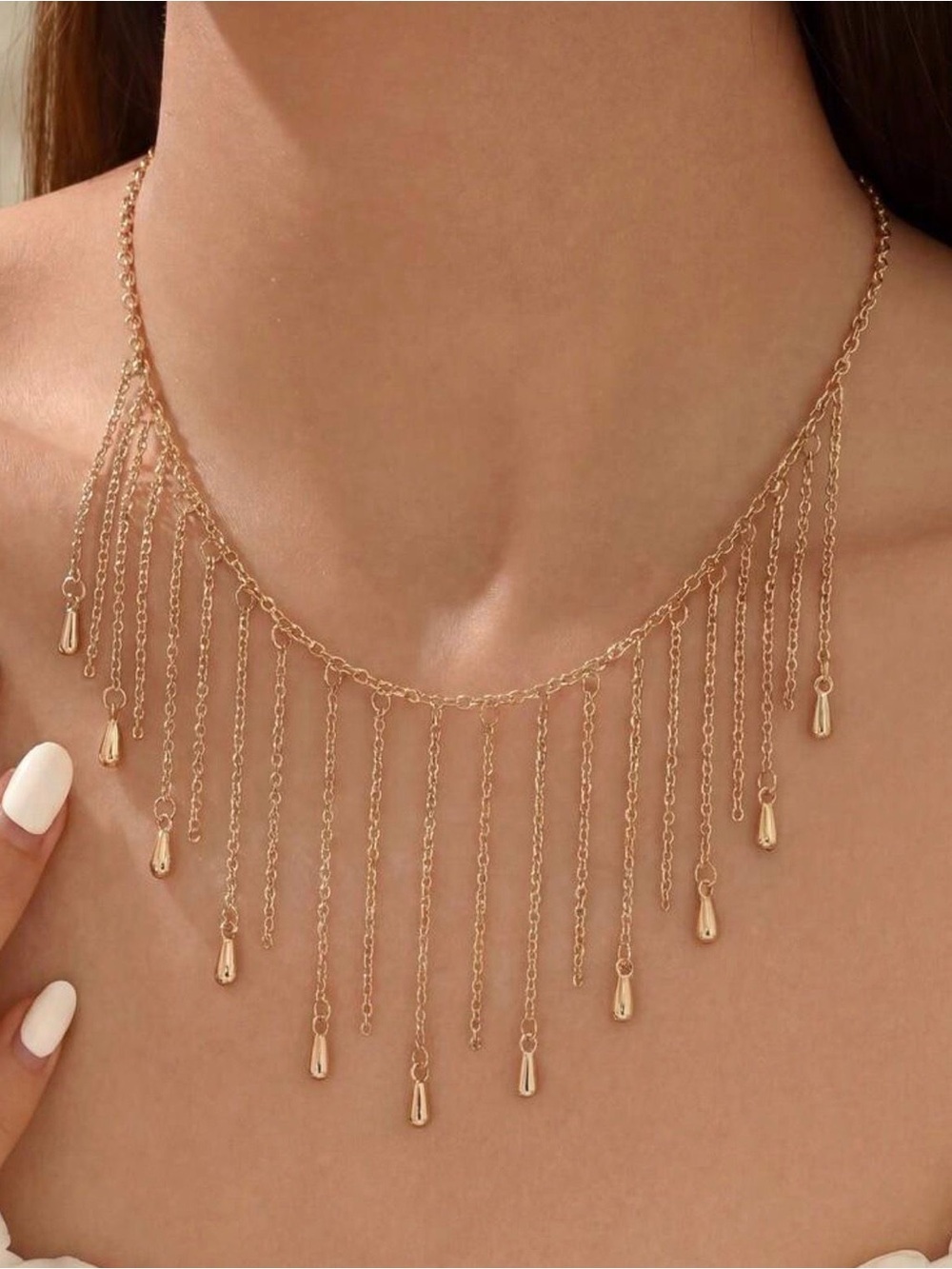 Gold Multi-Fringe Teardrop Necklace
